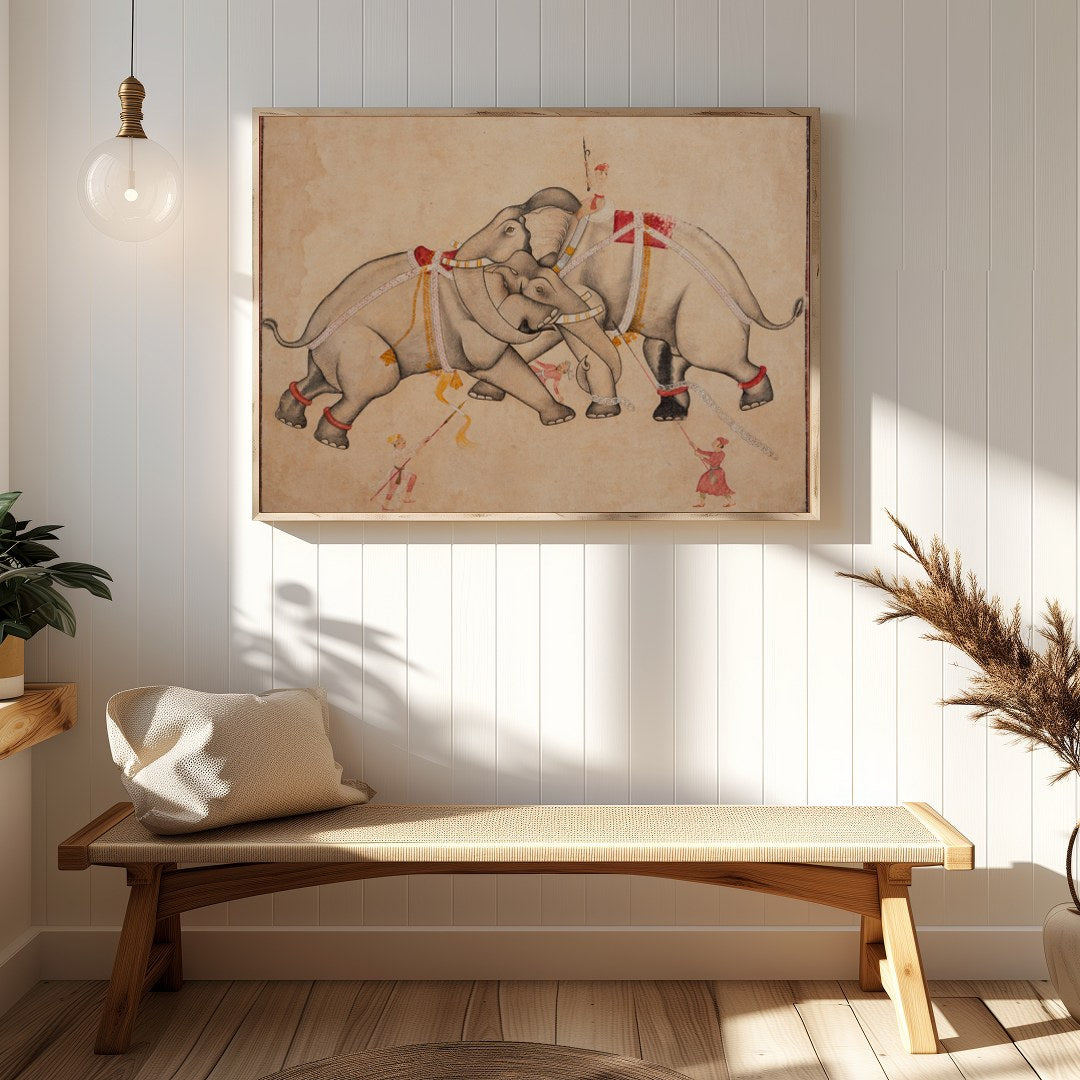 Imbued with tranquility and grace, 'Majestic Elephants Dance' captures a timeless moment of for Hallway