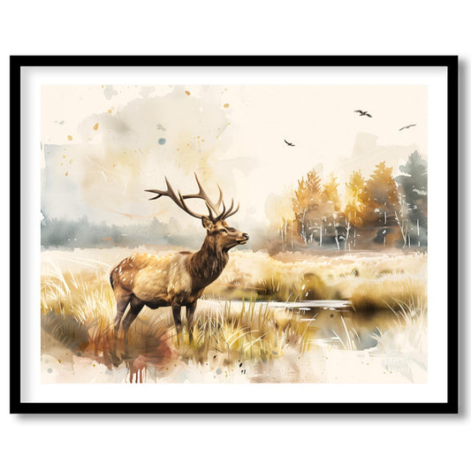 This stunning watercolor painting depicts a magnificent elk standing proudly in an expansive autumn… for dwelling