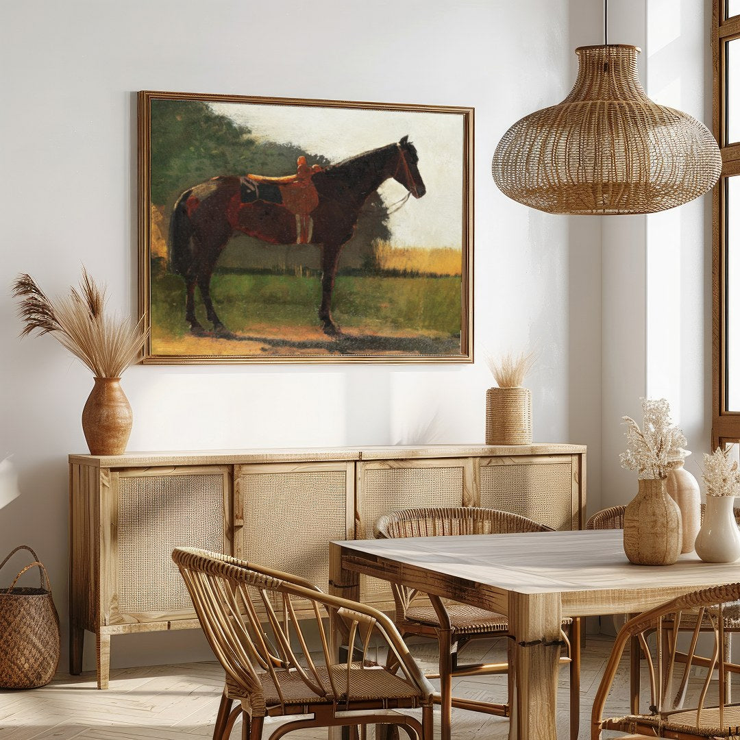 Immerse yourself in the tranquility of this captivating artwork featuring a majestic horse against for Dining