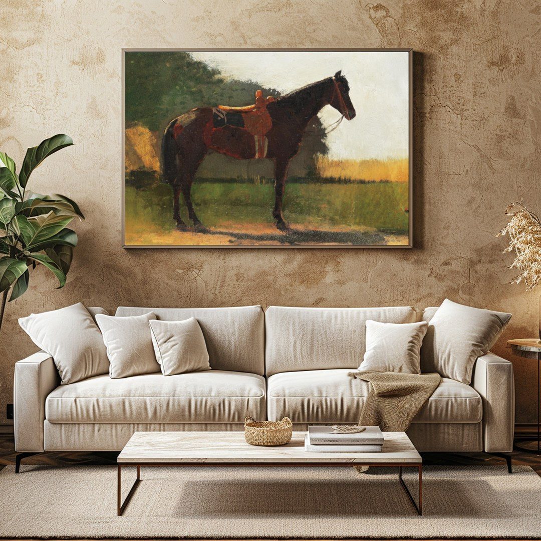 Immerse yourself in the tranquility of this captivating artwork featuring a majestic horse against for Family Room