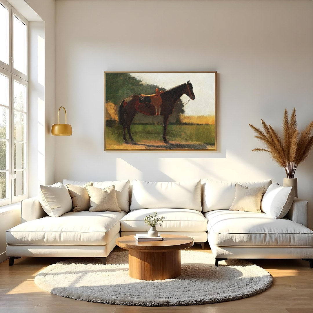 Immerse yourself in the tranquility of this captivating artwork featuring a majestic horse against for Living Room