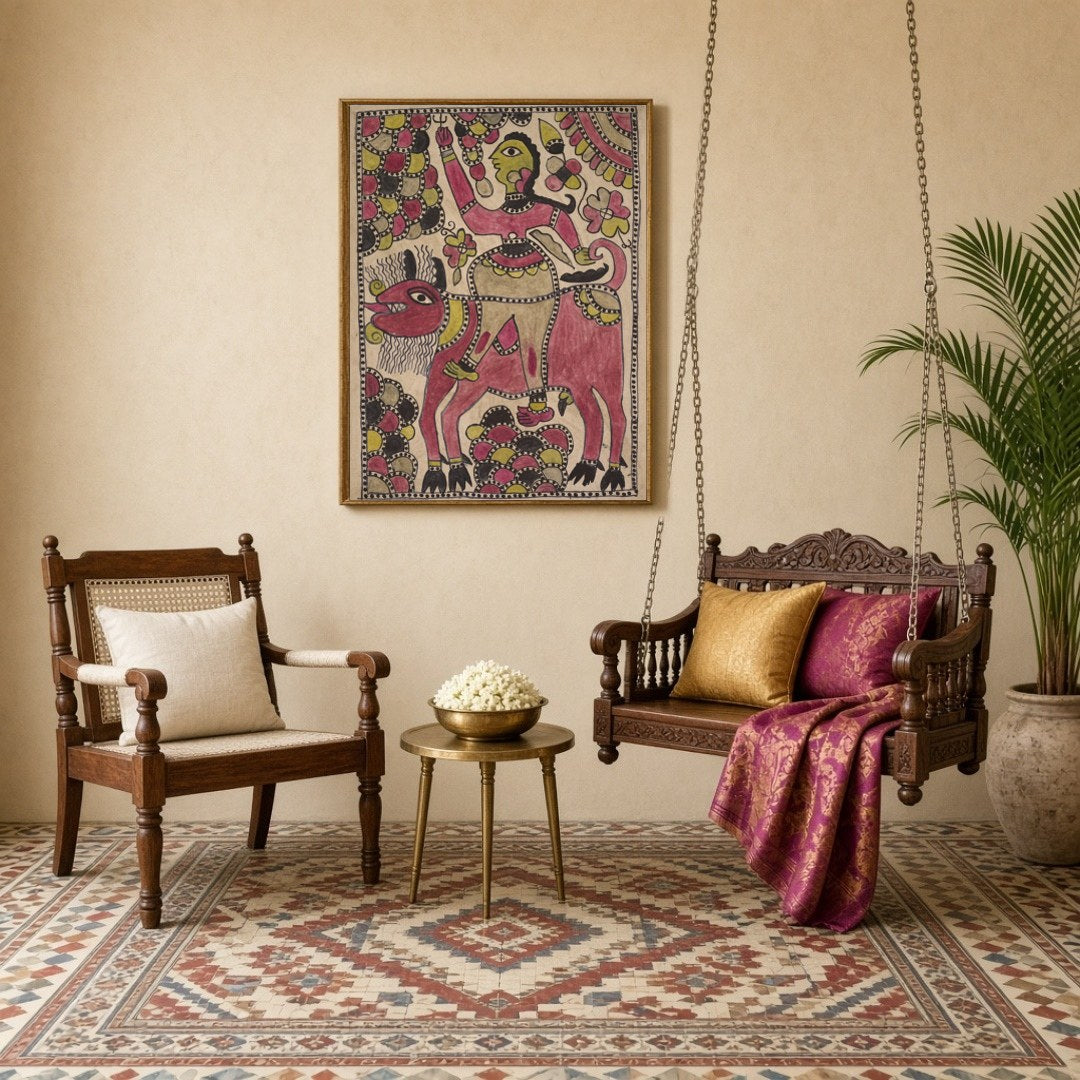 Immerse yourself in the spiritual majesty depicted in 'Majestic Essence,' where Lord Shiva rides for Sitting Lounge