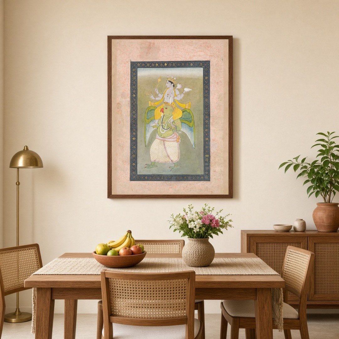 Experience the divine elegance of Lord Vishnu atop his celestial mount, Garuda, in this exquisite for Dining