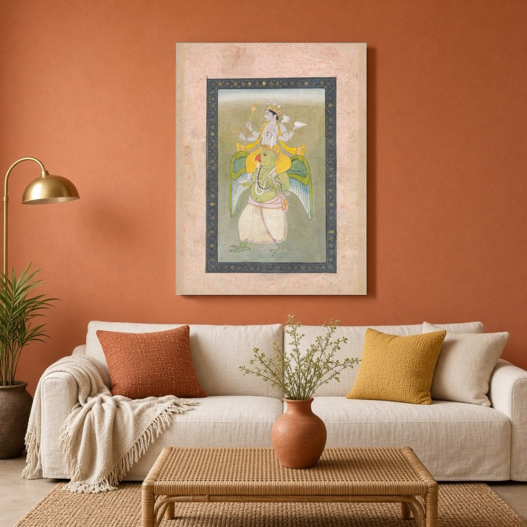 Experience the divine elegance of Lord Vishnu atop his celestial mount, Garuda, in this exquisite for Living Room
