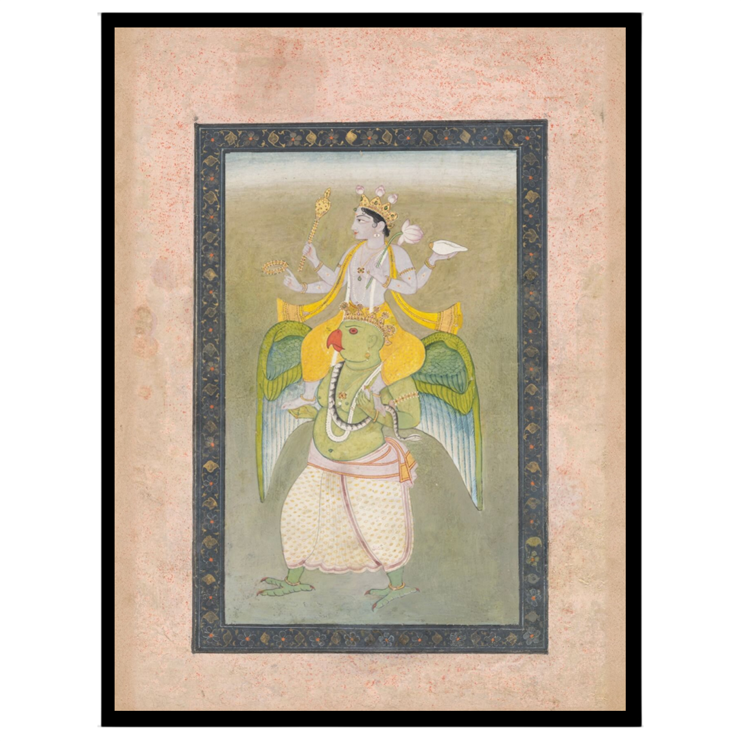 Experience the divine elegance of Lord Vishnu atop his celestial mount, Garuda, in this exquisite for retreat