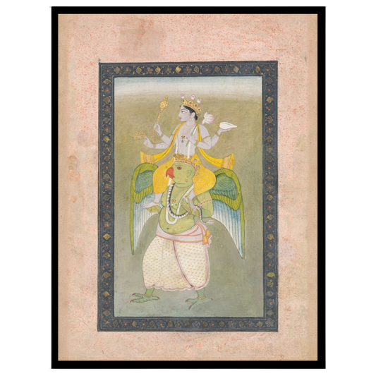 Experience the divine elegance of Lord Vishnu atop his celestial mount, Garuda, in this exquisite for retreat