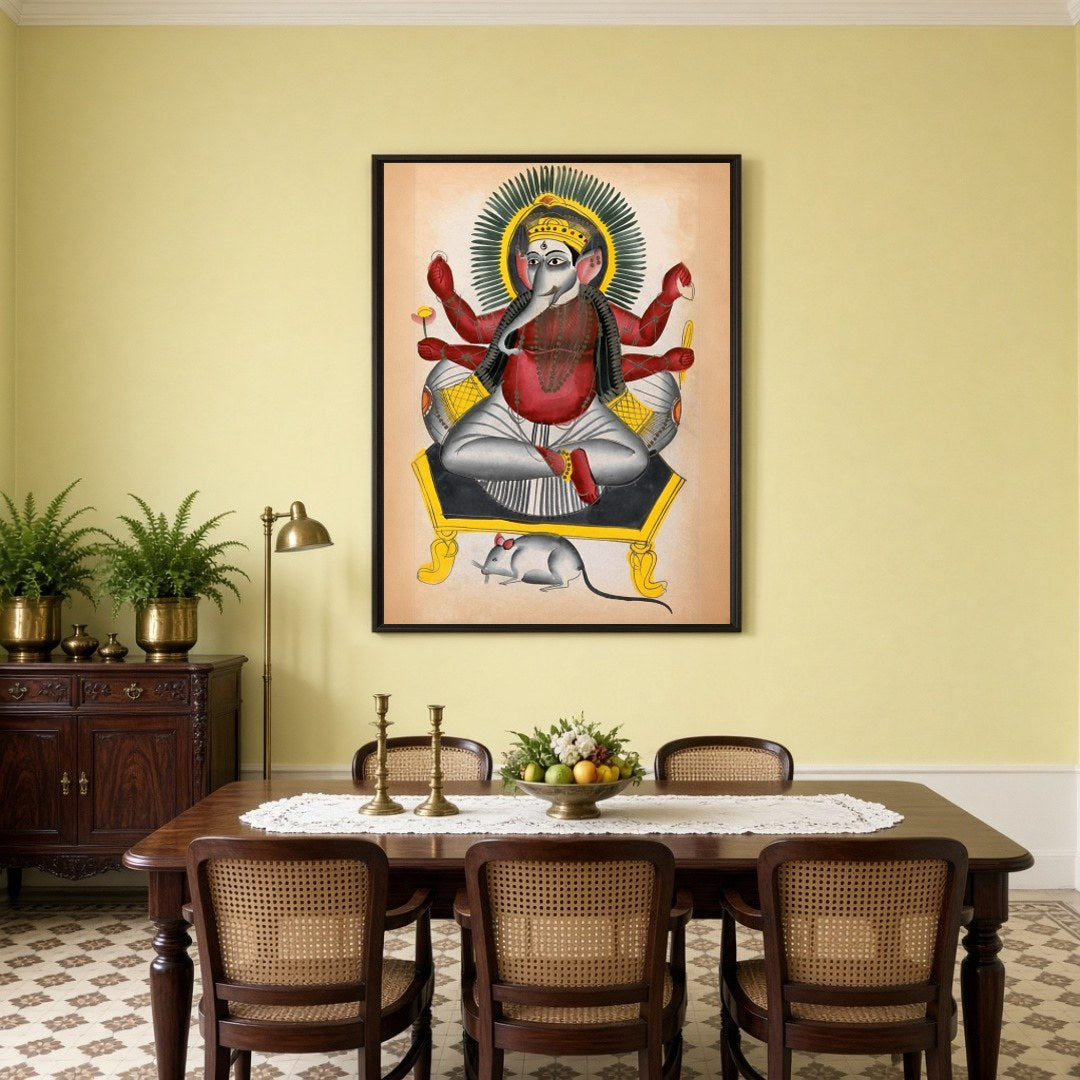 Experience a divine connection with this striking Kalighat folk art depicting Lord Ganesha for Dining