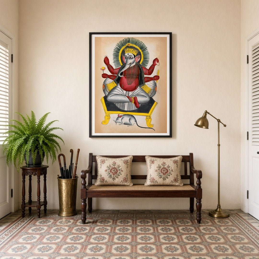 Experience a divine connection with this striking Kalighat folk art depicting Lord Ganesha for Entrance