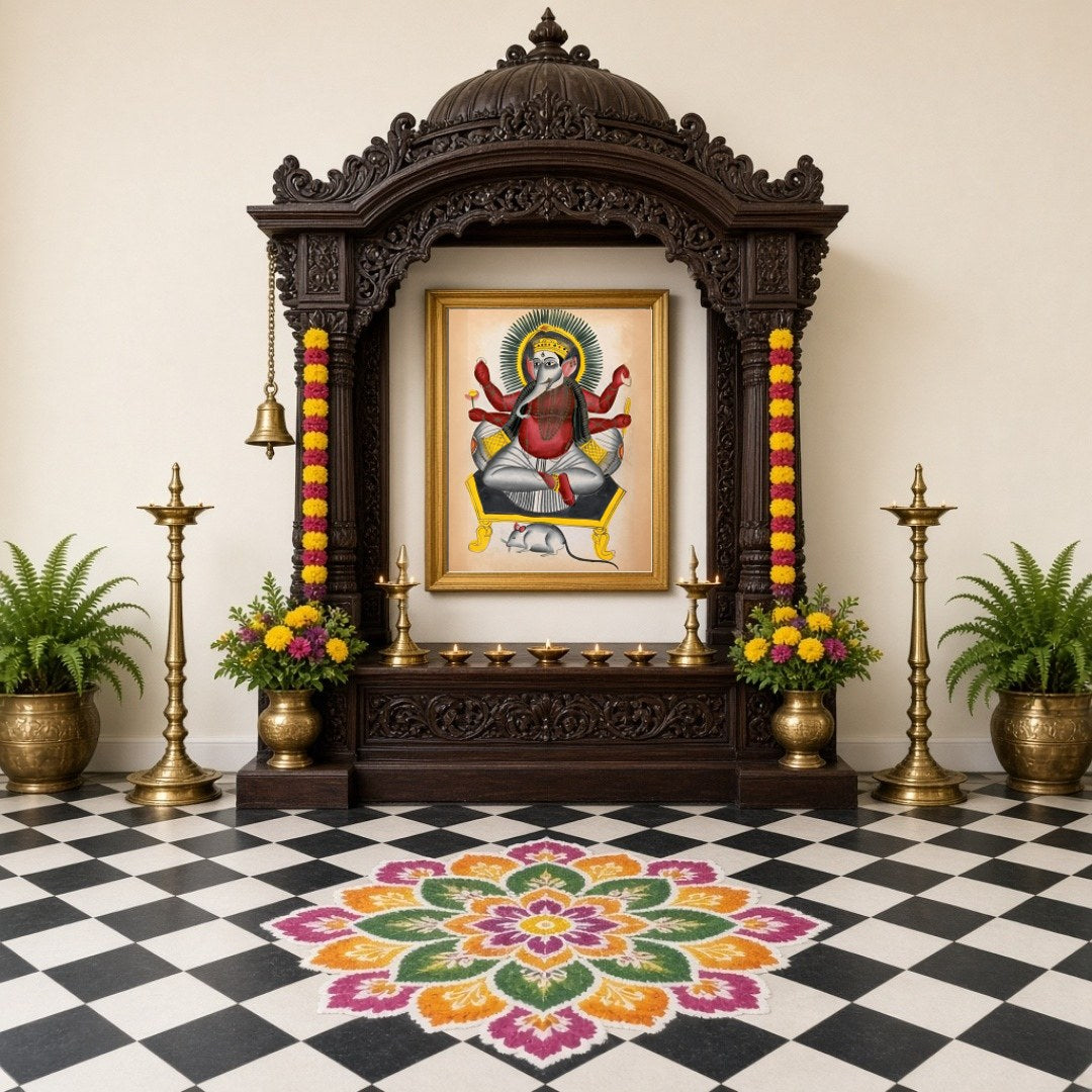 Experience a divine connection with this striking Kalighat folk art depicting Lord Ganesha for Home Temple