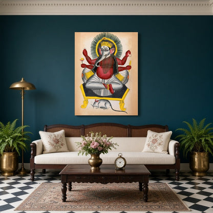 Experience a divine connection with this striking Kalighat folk art depicting Lord Ganesha for Living Room