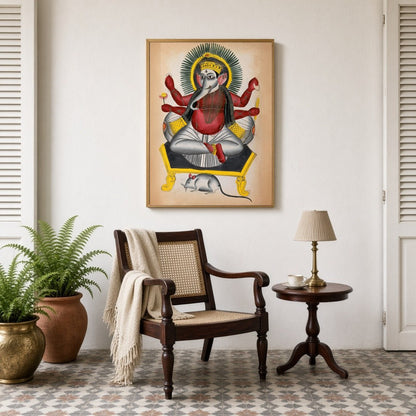 Experience a divine connection with this striking Kalighat folk art depicting Lord Ganesha for Sitting Lounge