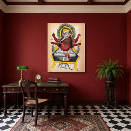 Experience a divine connection with this striking Kalighat folk art depicting Lord Ganesha for Study