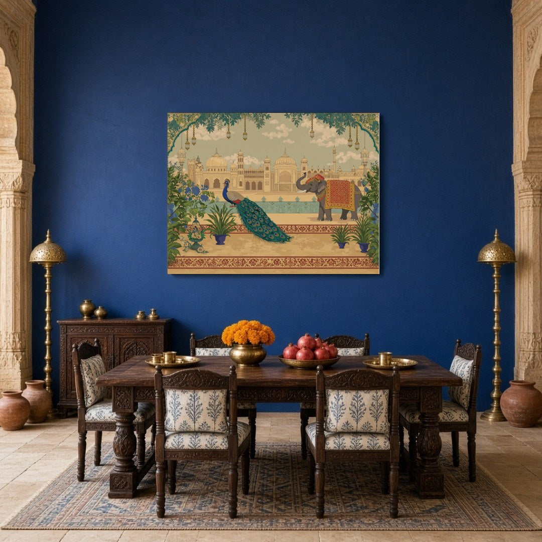 Immerse yourself in the opulent elegance of Pichwai art with this captivating scene of elephants for Dining