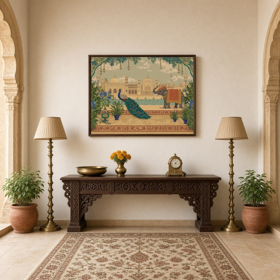 Immerse yourself in the opulent elegance of Pichwai art with this captivating scene of elephants for Hallway