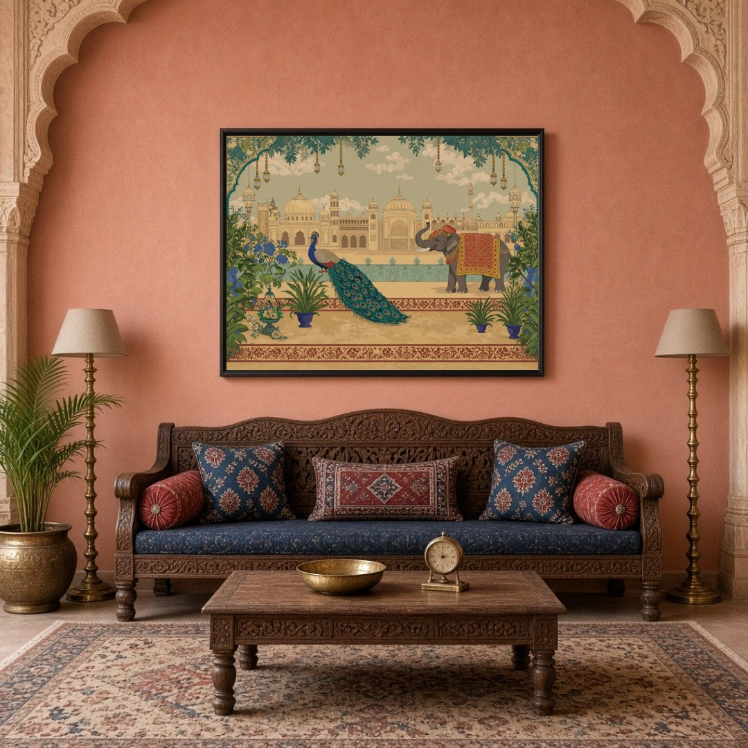 Immerse yourself in the opulent elegance of Pichwai art with this captivating scene of elephants for Living Room