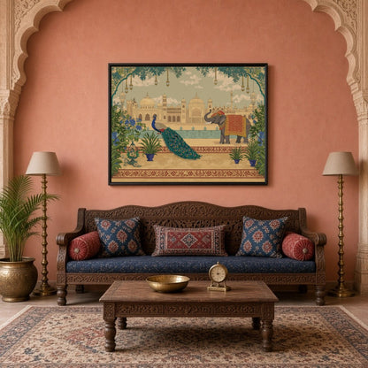 Immerse yourself in the opulent elegance of Pichwai art with this captivating scene of elephants for Living Room