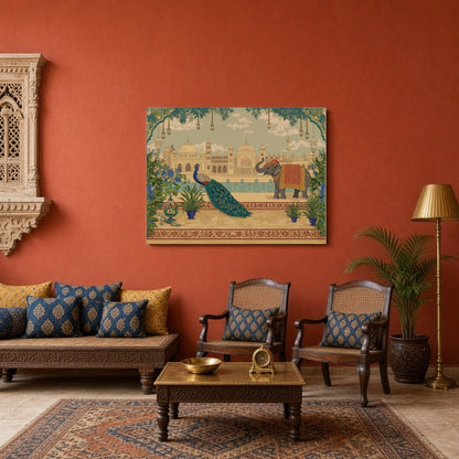 Immerse yourself in the opulent elegance of Pichwai art with this captivating scene of elephants for Sitting Area