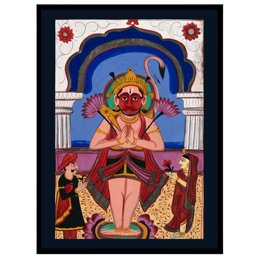 Experience the divine presence of Lord Hanuman depicted in exquisite Phad Art, as he stands for decor