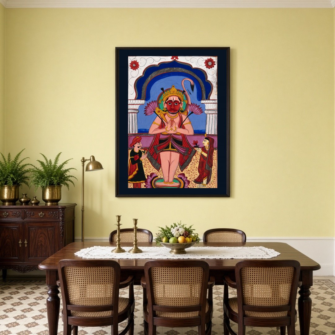 Experience the divine presence of Lord Hanuman depicted in exquisite Phad Art, as he stands for Dining