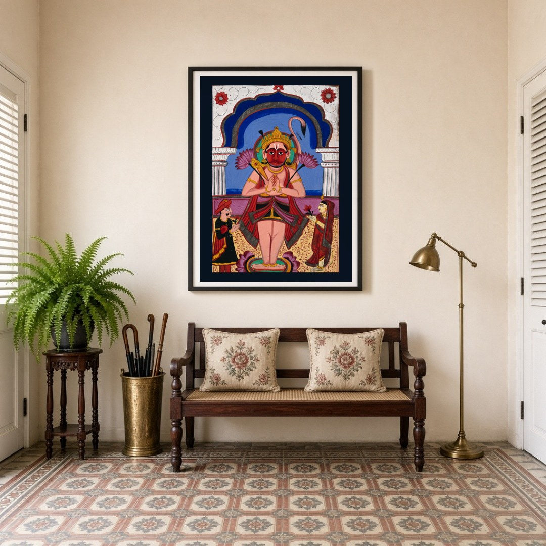 Experience the divine presence of Lord Hanuman depicted in exquisite Phad Art, as he stands for Entrance