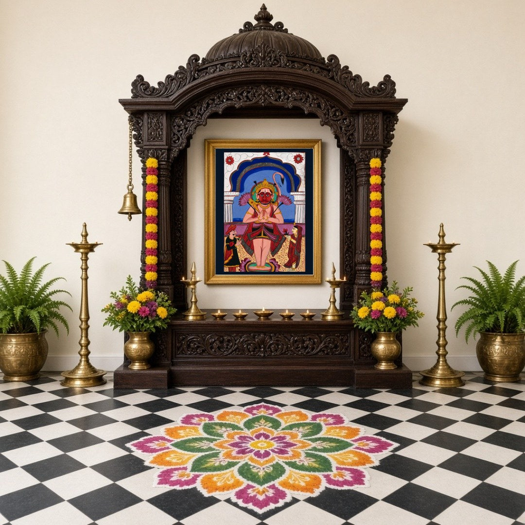 Experience the divine presence of Lord Hanuman depicted in exquisite Phad Art, as he stands for Home Temple