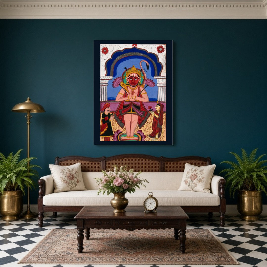 Experience the divine presence of Lord Hanuman depicted in exquisite Phad Art, as he stands for Living Room