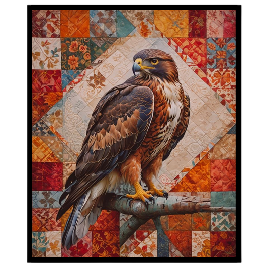 This captivating artwork features a majestic hawk poised elegantly on a vibrant patchwork for area