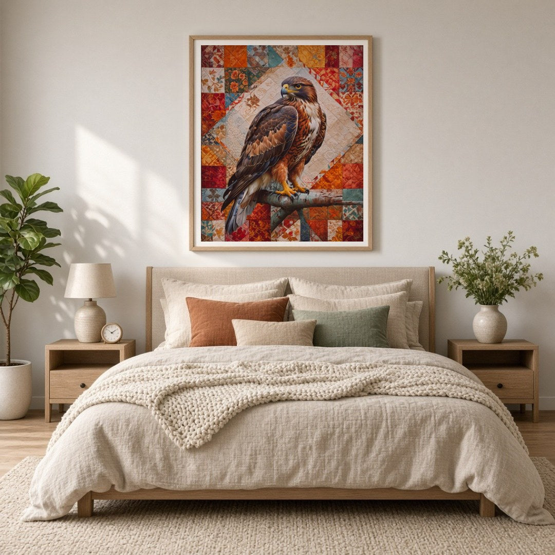 This captivating artwork features a majestic hawk poised elegantly on a vibrant patchwork for Bedroom