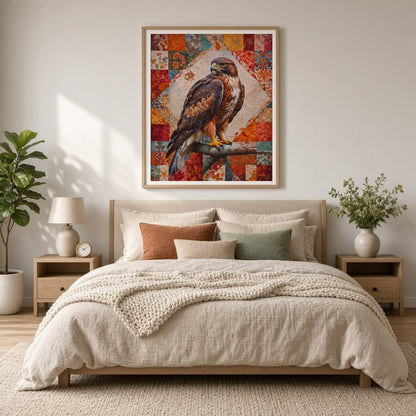 This captivating artwork features a majestic hawk poised elegantly on a vibrant patchwork for Bedroom