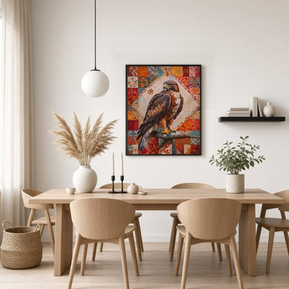 This captivating artwork features a majestic hawk poised elegantly on a vibrant patchwork for Dining