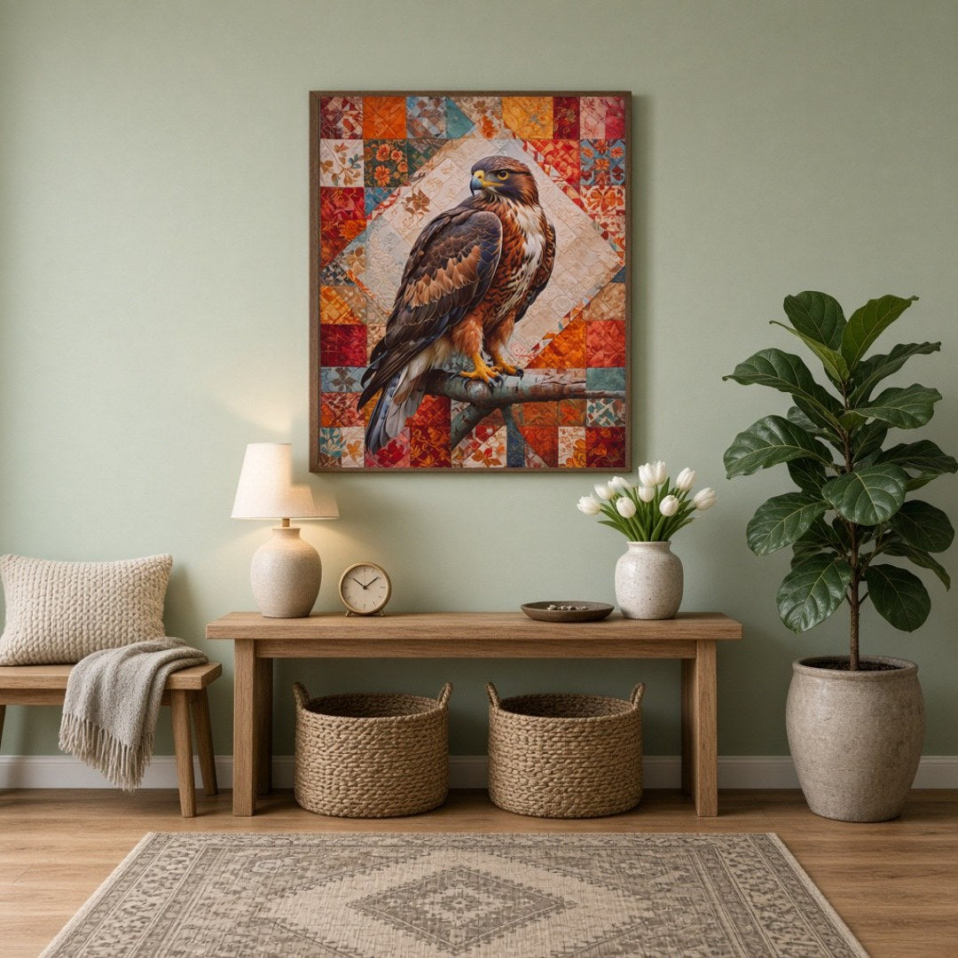 This captivating artwork features a majestic hawk poised elegantly on a vibrant patchwork for Entrance