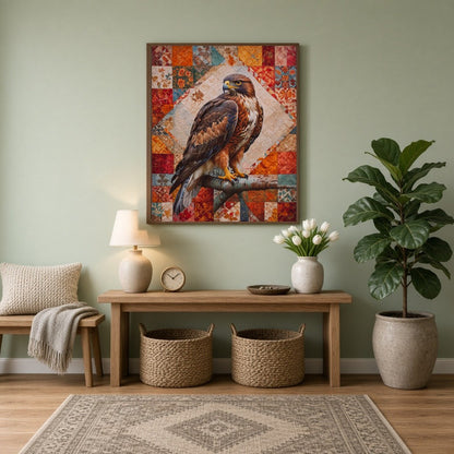 This captivating artwork features a majestic hawk poised elegantly on a vibrant patchwork for Entrance