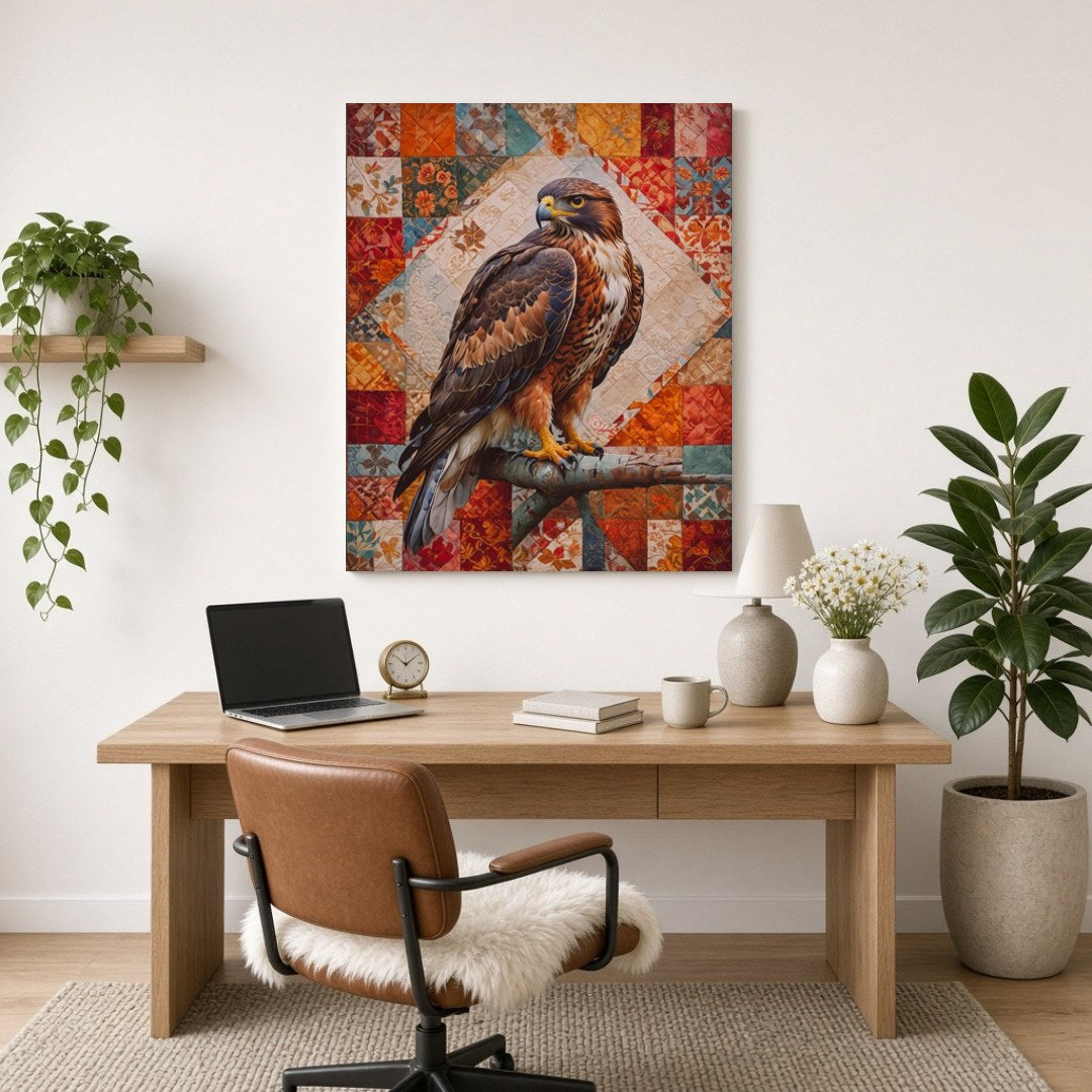 This captivating artwork features a majestic hawk poised elegantly on a vibrant patchwork for Home Office