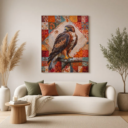 This captivating artwork features a majestic hawk poised elegantly on a vibrant patchwork for Living Room