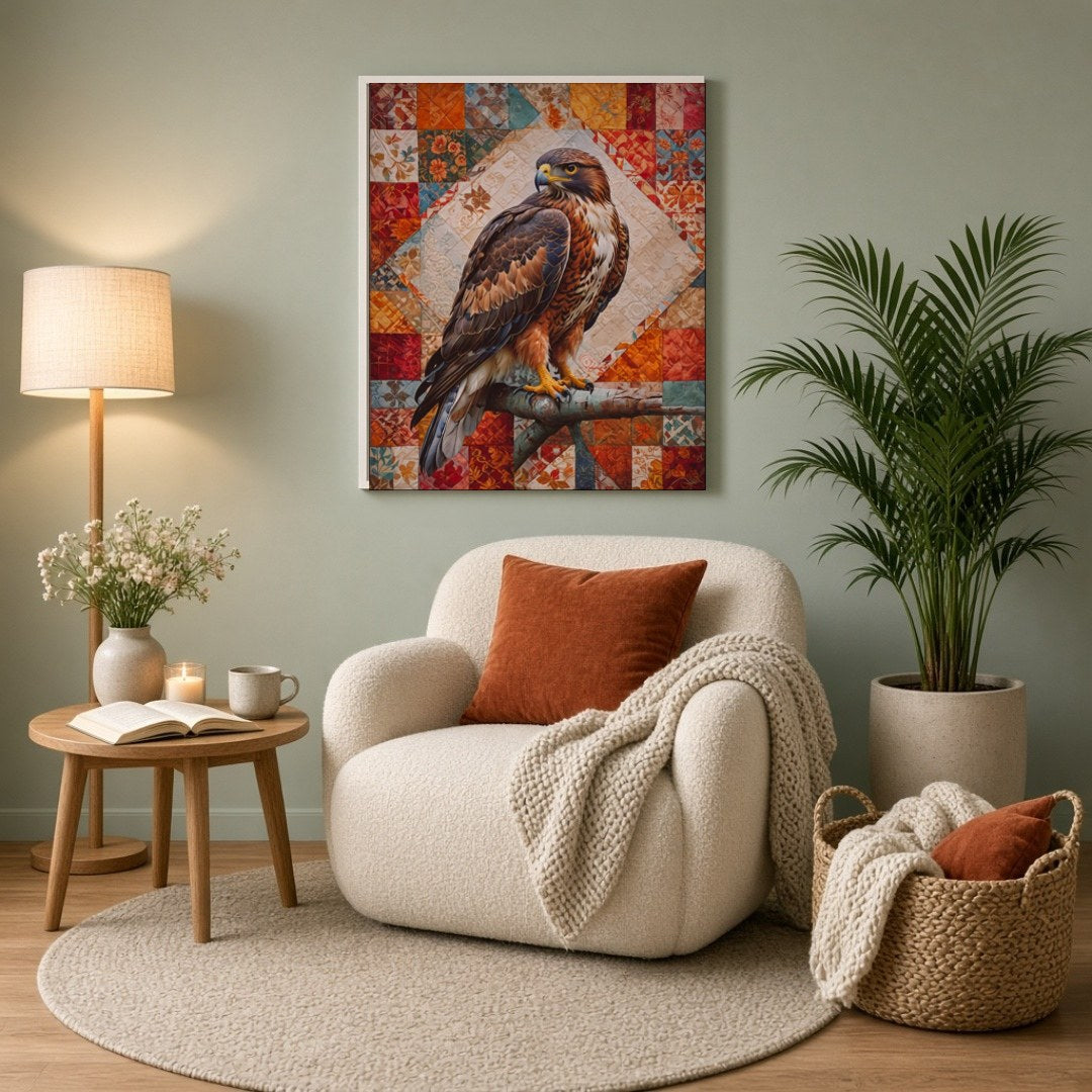 This captivating artwork features a majestic hawk poised elegantly on a vibrant patchwork for Reading Nook