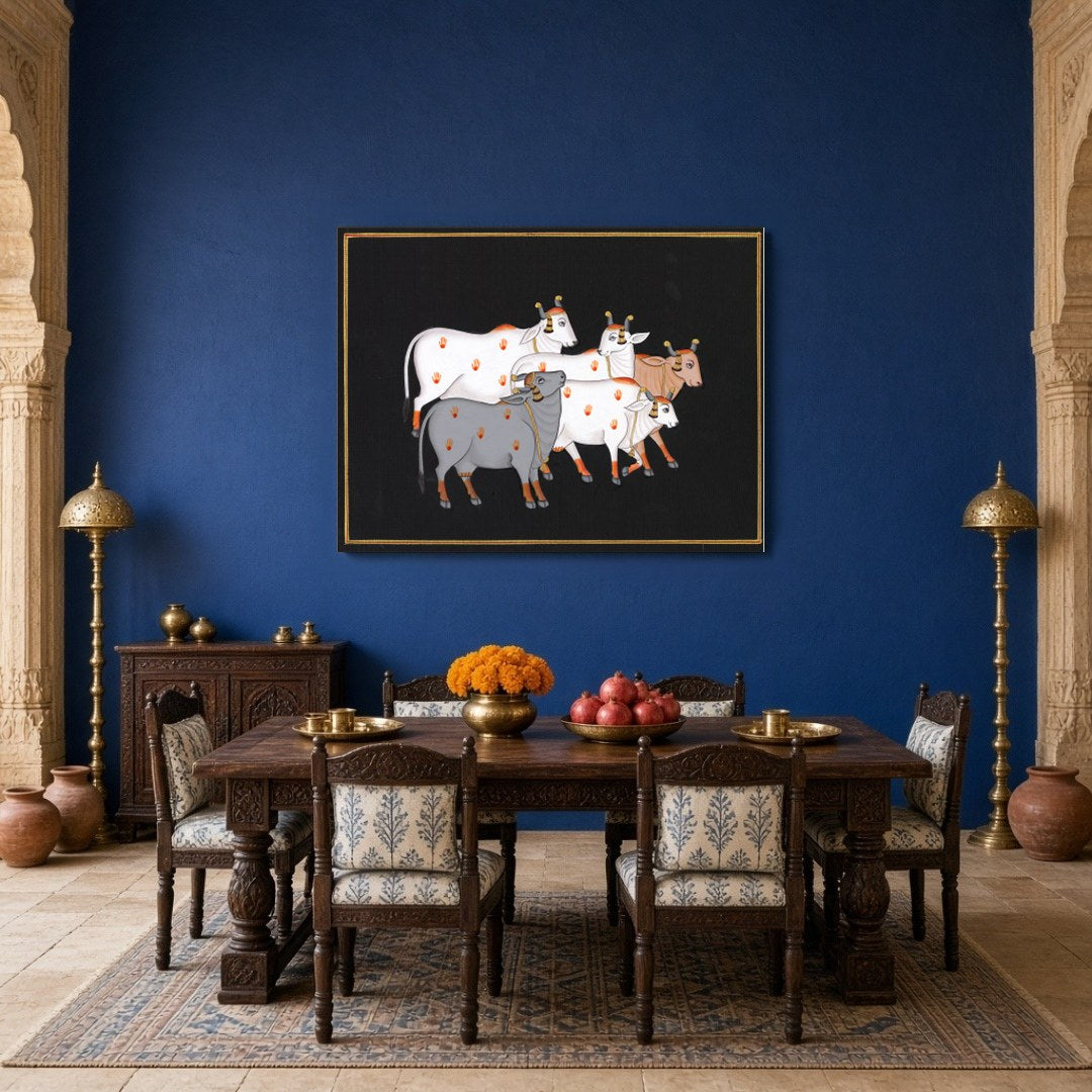 This captivating Pichwai artwork features a serene group of sacred cows set against a dark for Dining
