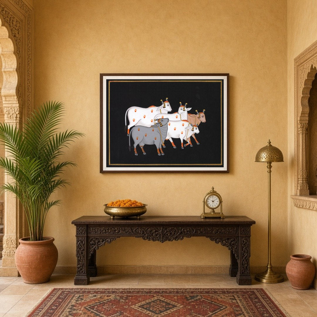 This captivating Pichwai artwork features a serene group of sacred cows set against a dark for Entrance