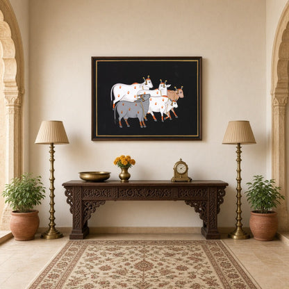 This captivating Pichwai artwork features a serene group of sacred cows set against a dark for Hallway