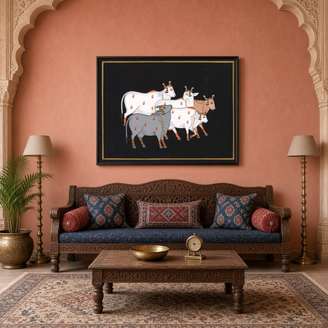 This captivating Pichwai artwork features a serene group of sacred cows set against a dark for Living Room