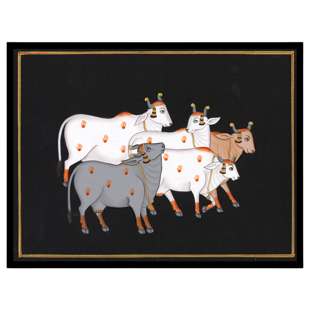 This captivating Pichwai artwork features a serene group of sacred cows set against a dark for residence