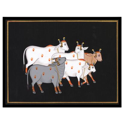 This captivating Pichwai artwork features a serene group of sacred cows set against a dark for residence