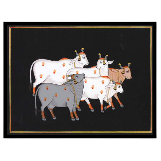 This captivating Pichwai artwork features a serene group of sacred cows set against a dark for residence