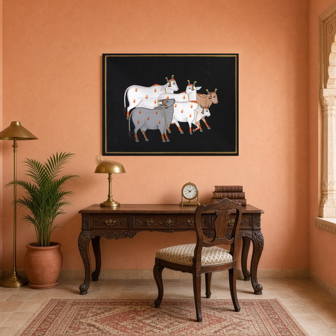 This captivating Pichwai artwork features a serene group of sacred cows set against a dark for Study