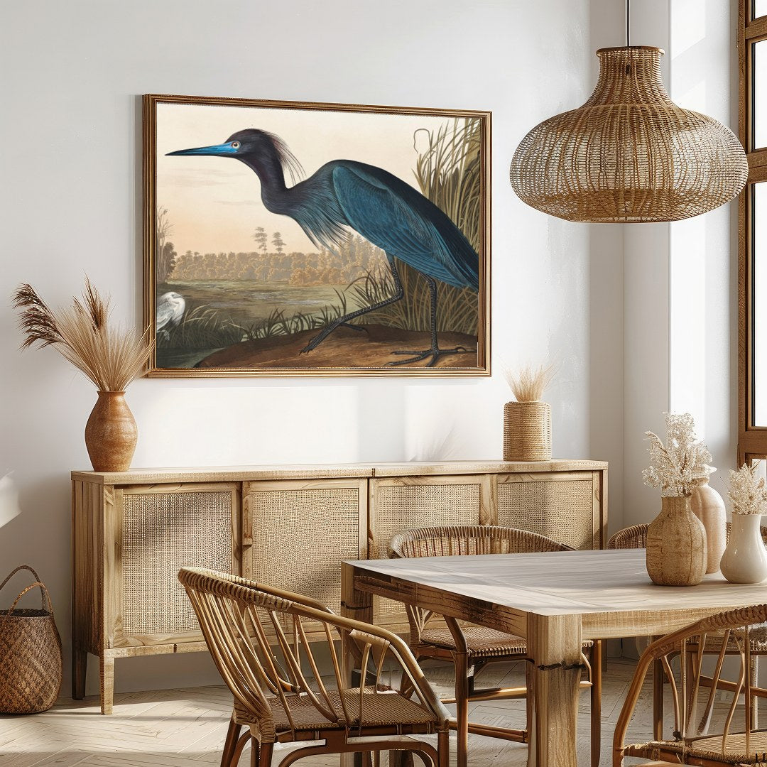 This exquisite piece captures the elegance of a heron posing amidst a tranquil wetland. Rich in for Dining