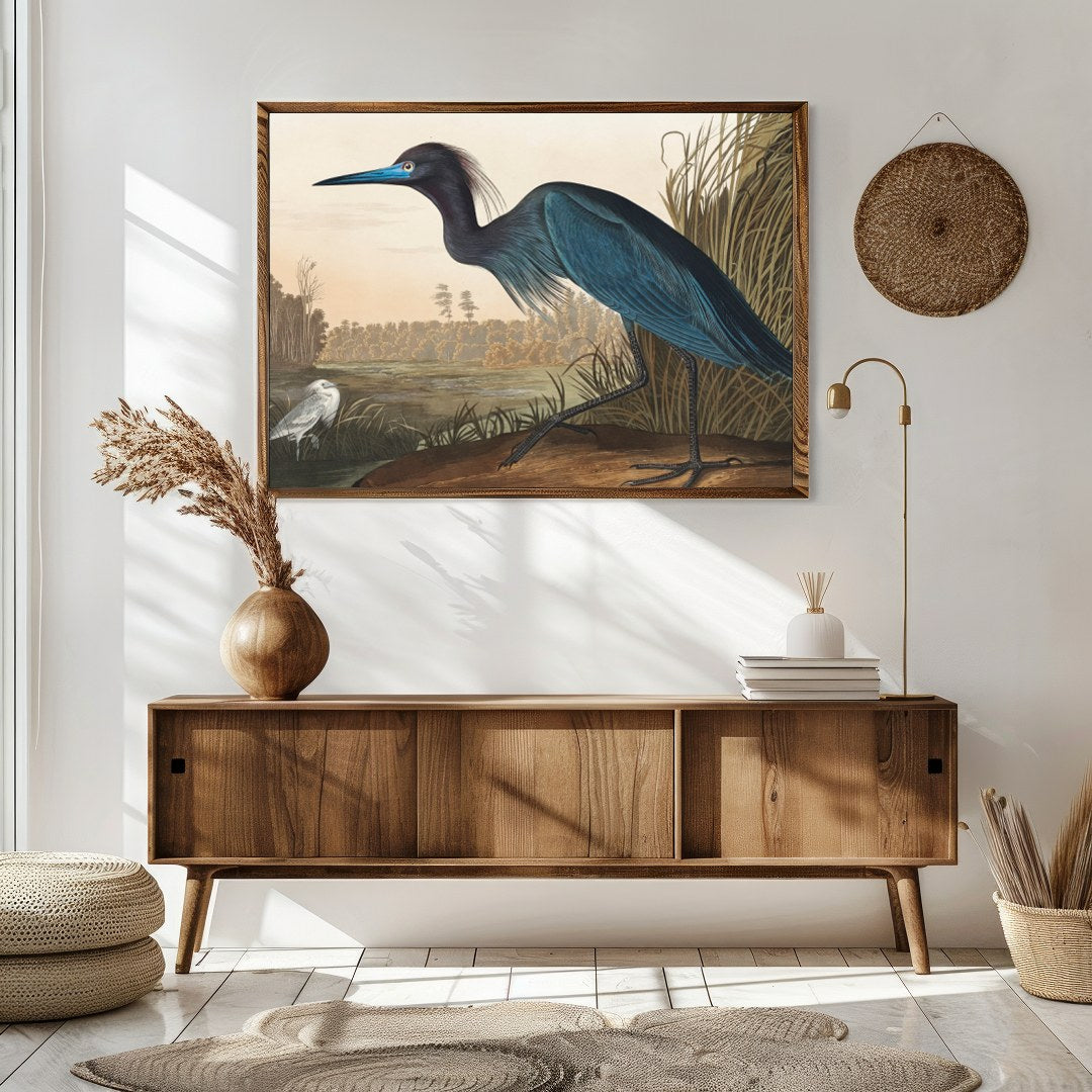 This exquisite piece captures the elegance of a heron posing amidst a tranquil wetland. Rich in for Sitting Area