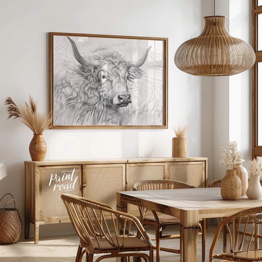 This captivating line art illustration features the head of a Highland cow, renowned for its long, … for dining room