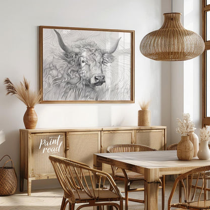 This captivating line art illustration features the head of a Highland cow, renowned for its long, … for dining room