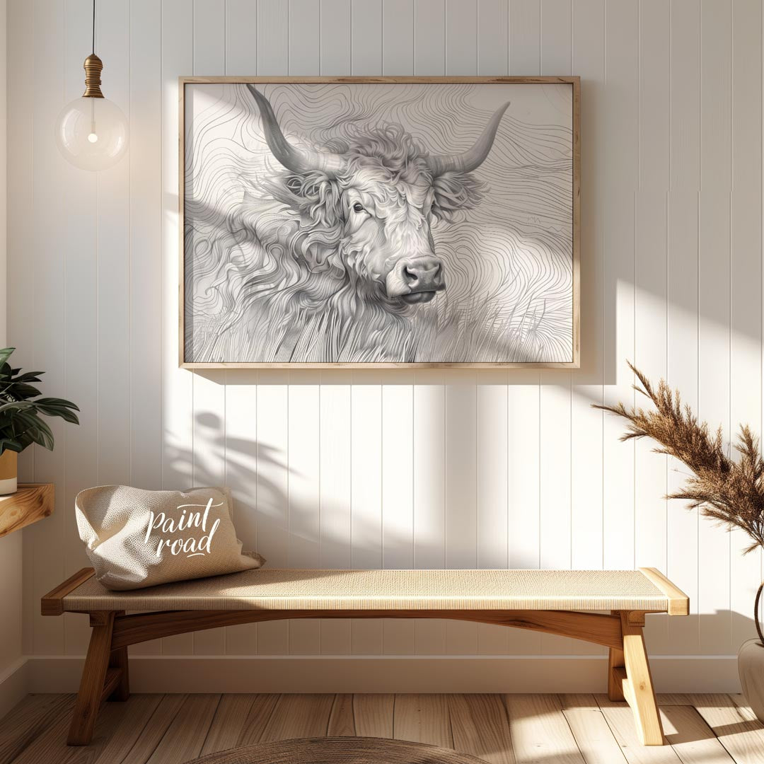 This captivating line art illustration features the head of a Highland cow, renowned for its long, … for entryway