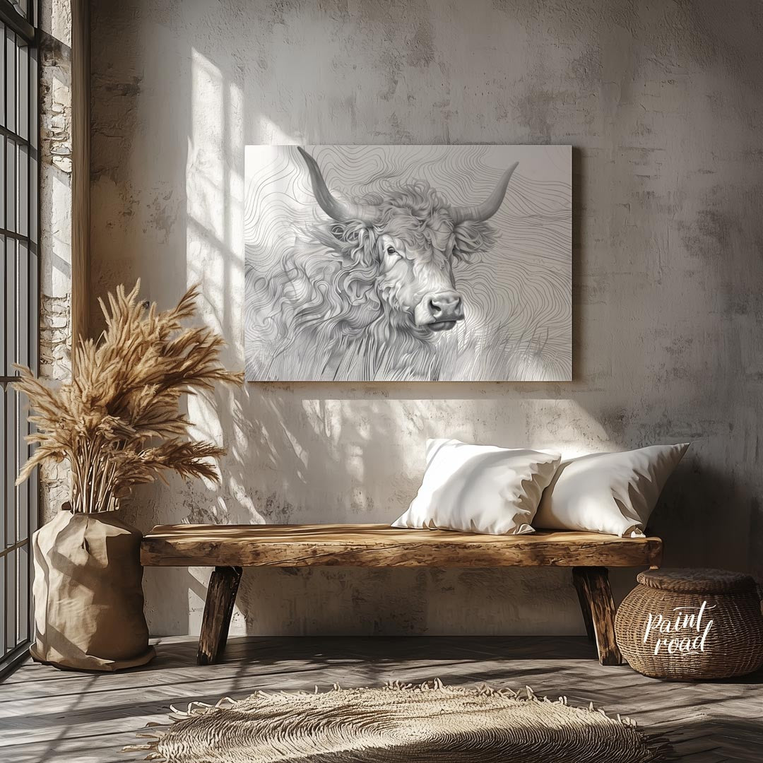 This captivating line art illustration features the head of a Highland cow, renowned for its long, … for entryway