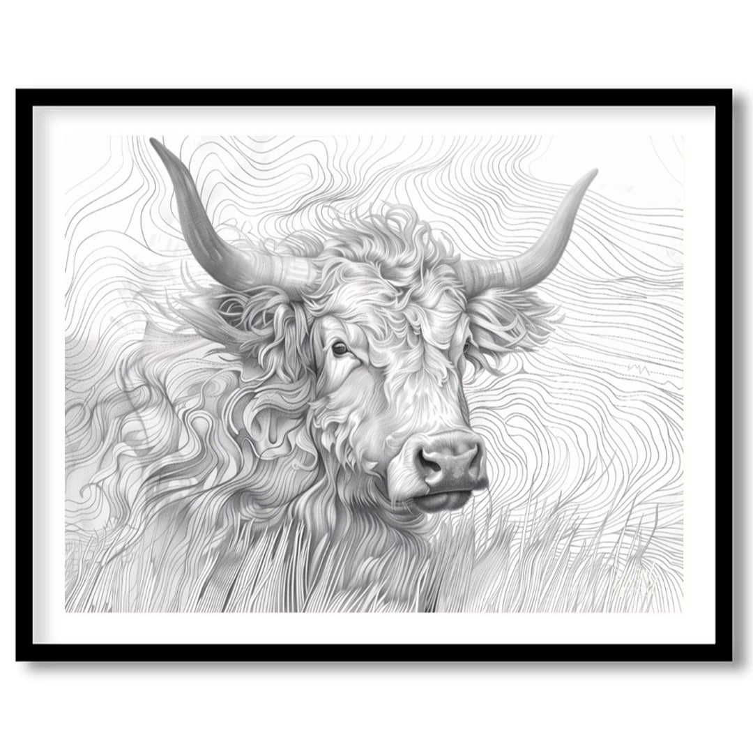 This captivating line art illustration features the head of a Highland cow, renowned for its long, … for house
